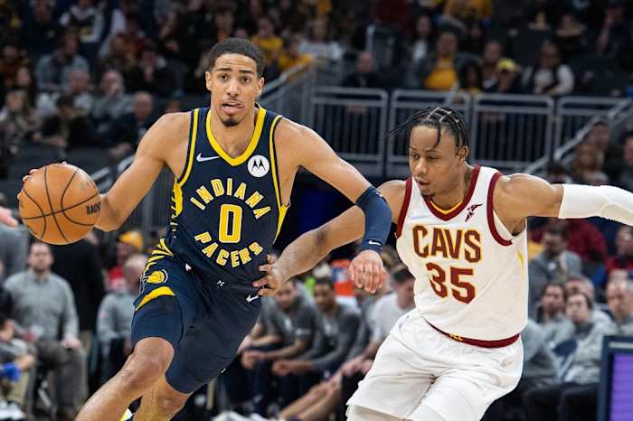 Indiana Pacers point guard Tyrese Haliburton drives past Cavaliers forward Isaac Okoro in Indianapolis earlier this season.